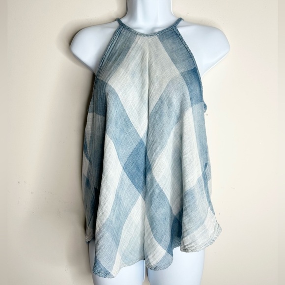 Anthropologie Cloth and Stone Sky Halter Tank Top Plaid Checkered Gauze Blue XS - Picture 2 of 16